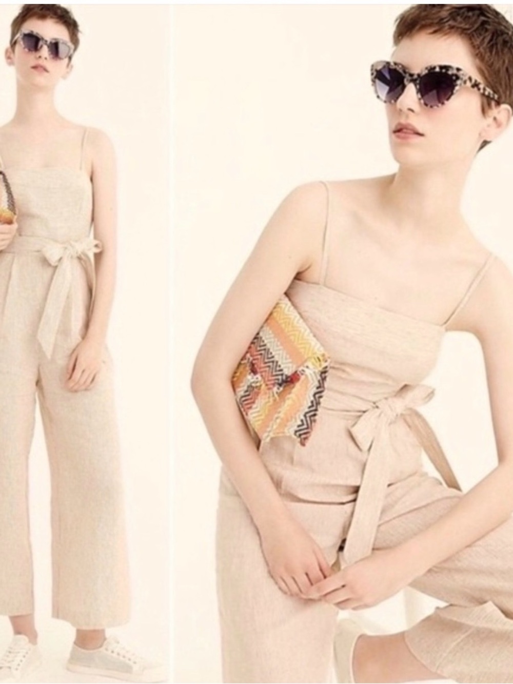 Jumpsuit J. Crew Cream Wide Leg spaghetti strap linen cotton striped tan cream 4